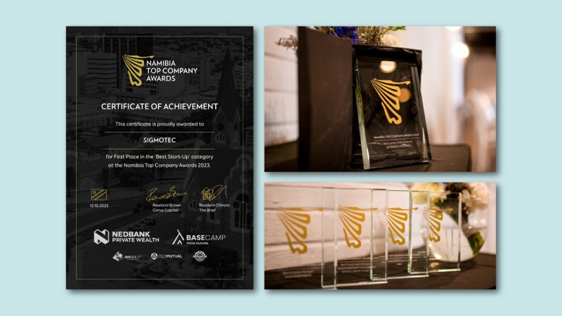 Awards certificate and trophies for the Namibia Top Company Awards.
