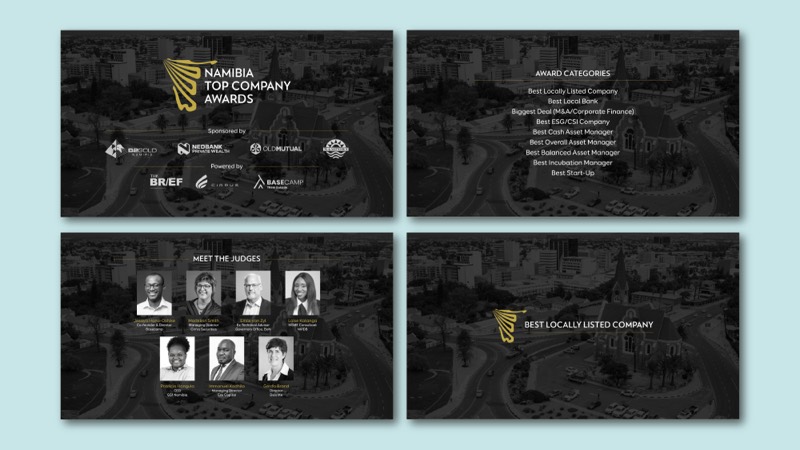 Namibia Top Company Awards event slides: title slide with sponsors, award categories, judges, and a category announcement.