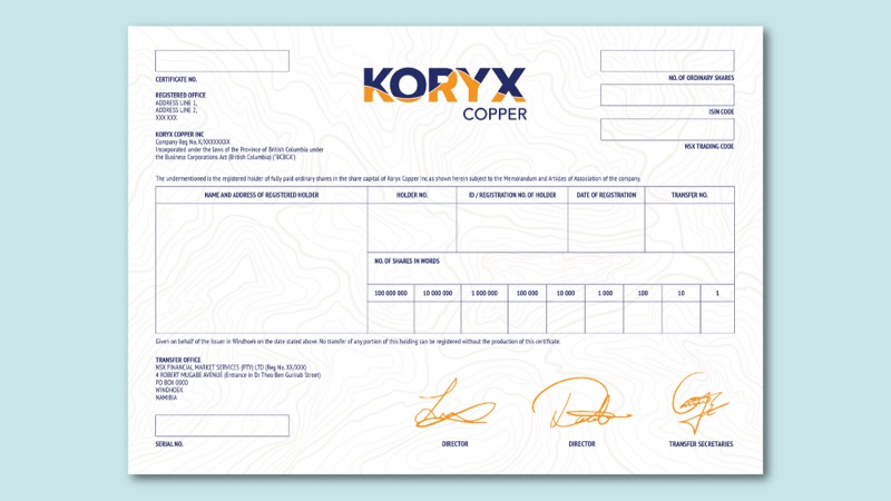 A Koryx Copper share certificate design with the company logo above a contour-line background.