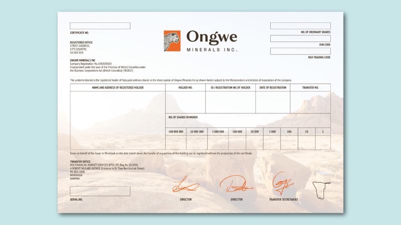 An Ongwe Minerals share certificate design with the company logo above a pale Namibian landscape.