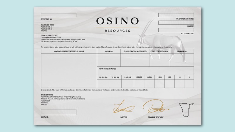 An Osino Resources share certificate design with the company logo and an oryx illustration.