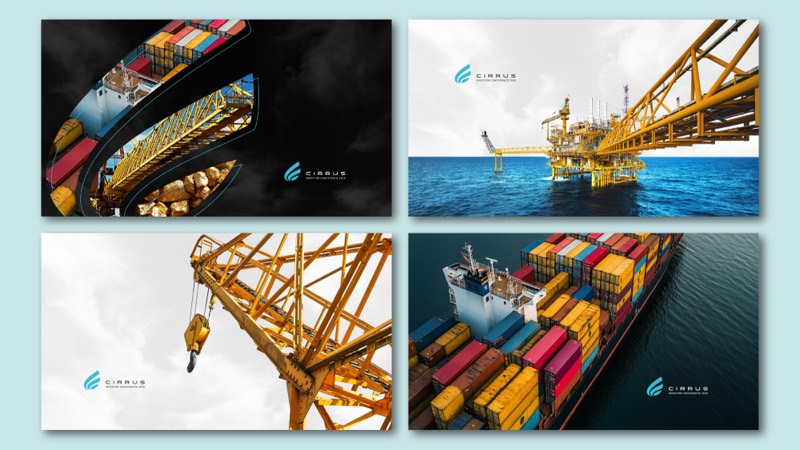 Investor conference key visuals using industrial photography: container ships, an offshore rig, and a crane, each carrying the conference logo.