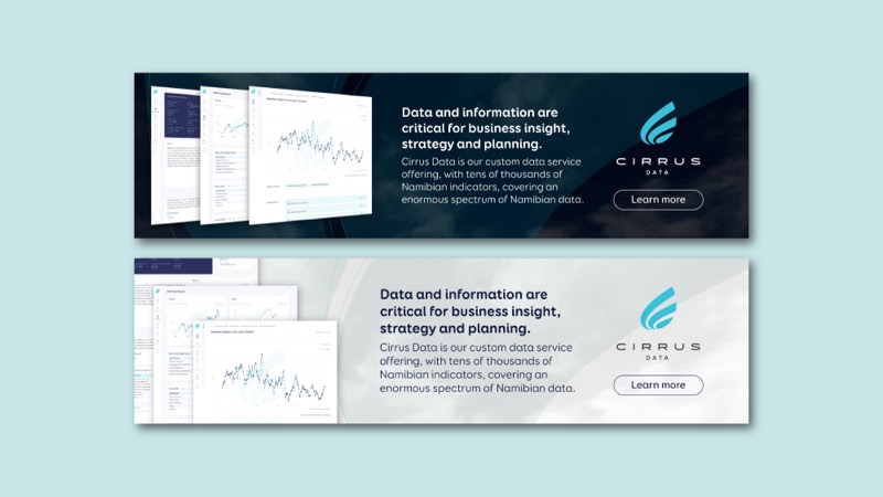 Two web banners for Cirrus Data, one on a dark ground and one on a light ground, each showing dashboard screens beside the Cirrus Data logo.