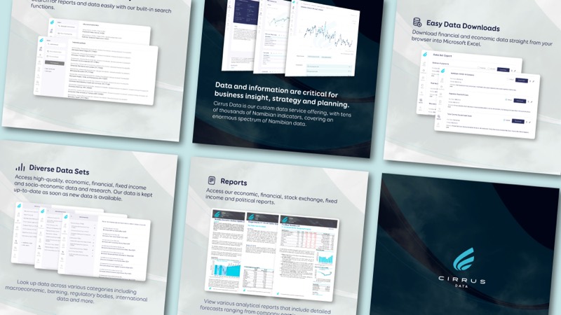 Cirrus Data feature slides covering data downloads, data sets, and reports, with screenshots of the platform.