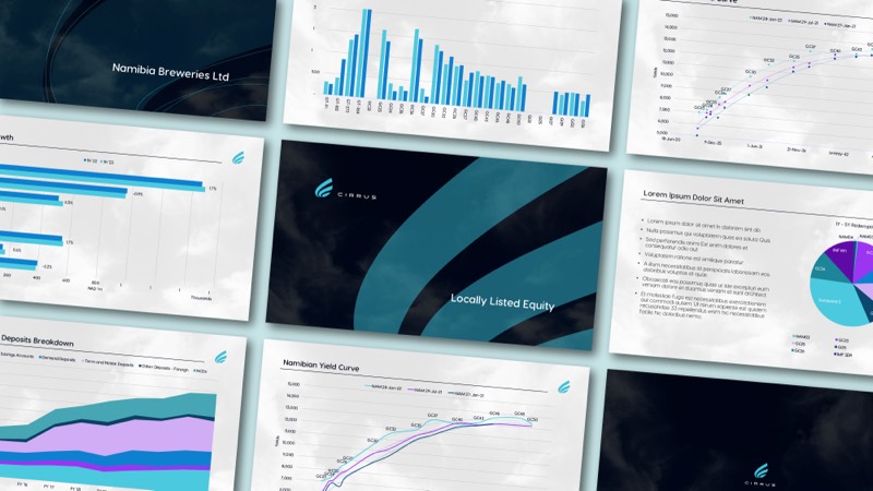 Presentation slides of Namibian market research with bar, line, and area charts, around a dark Cirrus title slide.