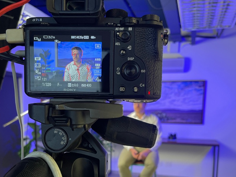 The camera’s viewfinder during an interview.