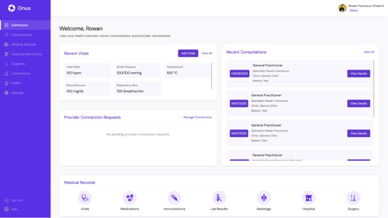 The patient dashboard showing health records and recent consultations.