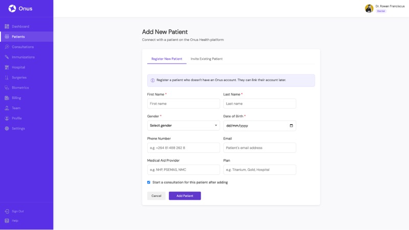 The Add New Patient form in the provider view, with fields for name, gender, date of birth, contact details and medical aid.