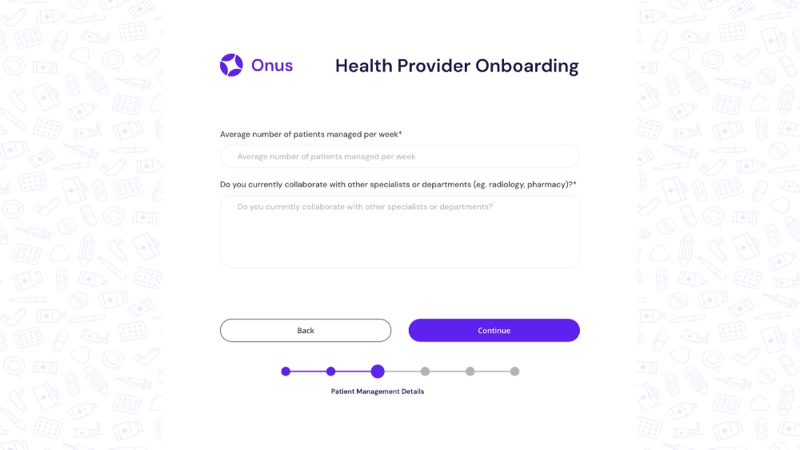 The Health Provider Onboarding form asking about weekly patient numbers and collaboration, with a step progress bar.
