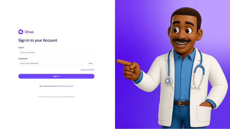The Onus sign-in screen beside an illustrated doctor.