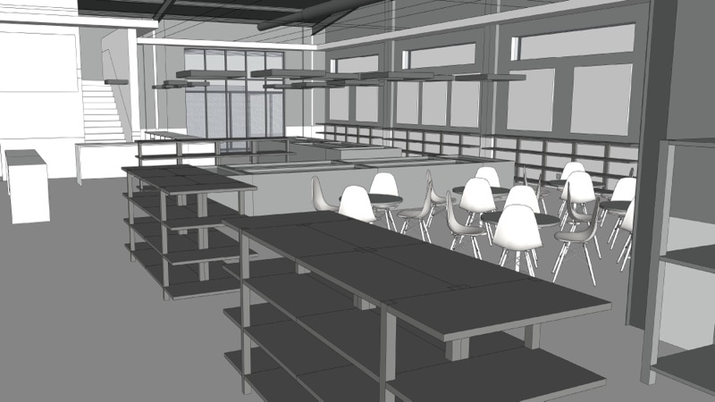 A 3D concept model of the interior layout with counters and seating.