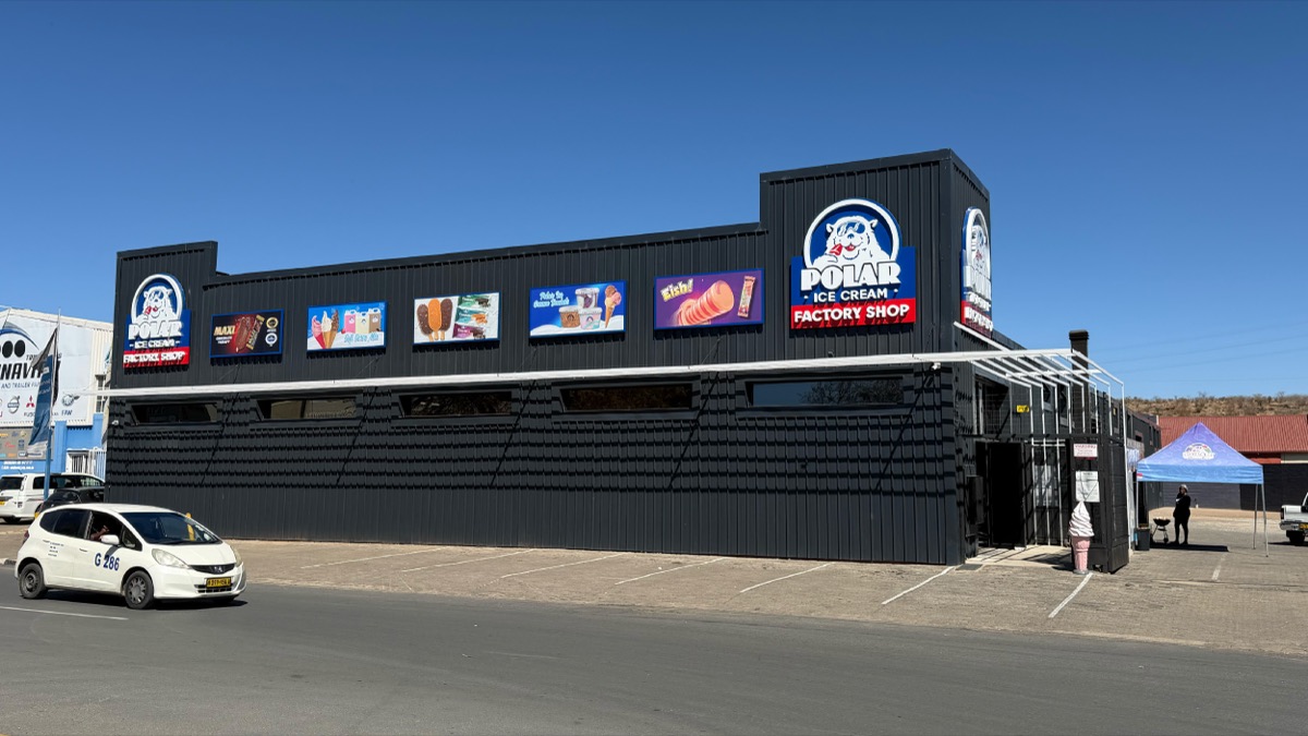 The completed Polar Ice Cream factory shop in Windhoek’s Northern Industrial Area, with its black cladding and branded signage.