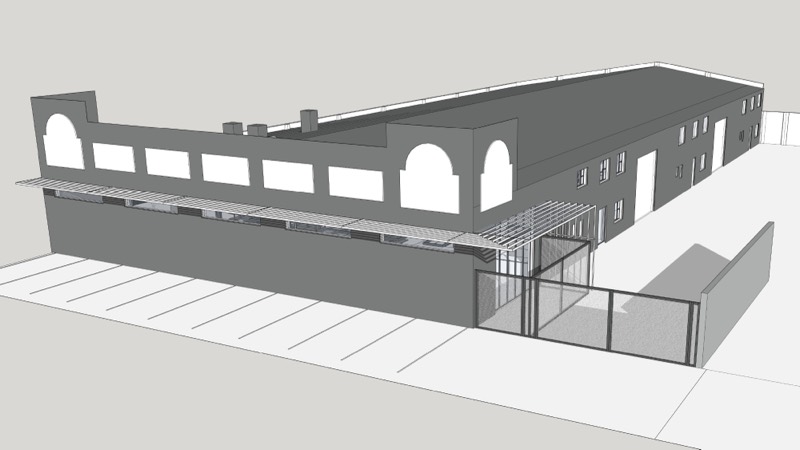 A 3D model of the building exterior with the new parapet and fenced yard.