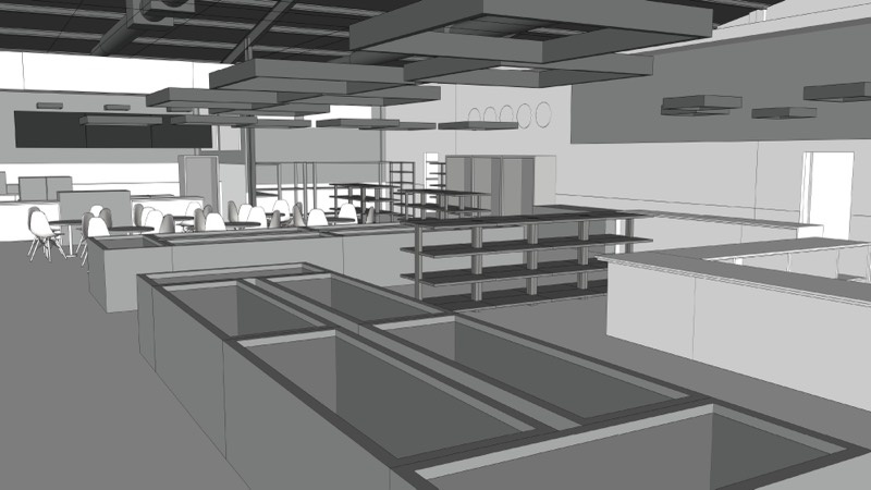 A 3D model of the retail floor with counters, shelving and seating.